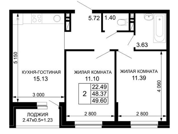 Двухкомнатная в Литер 13