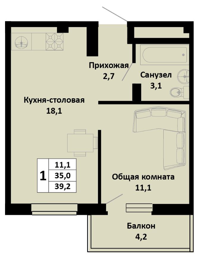 Однокомнатная в Литер 1