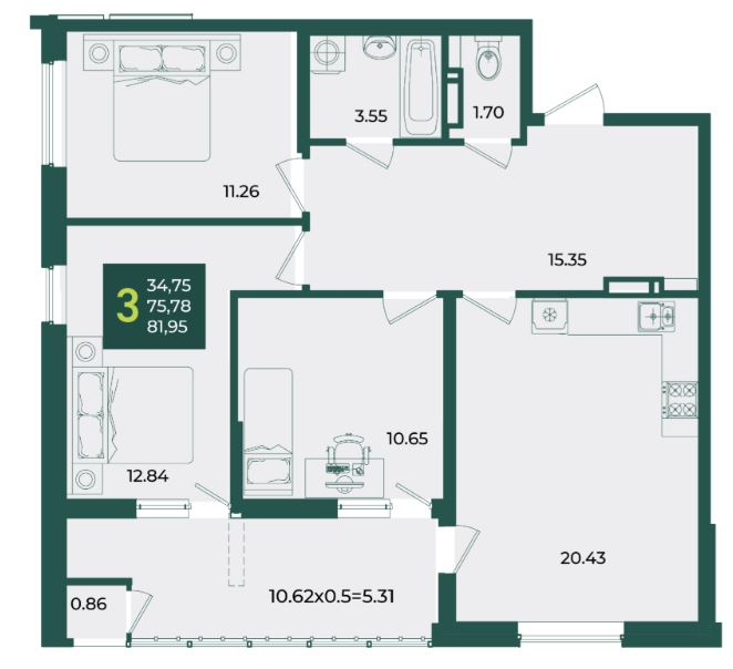 Трехкомнатная в Дом 6 очередь 3