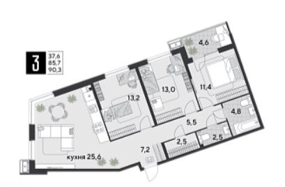 Трехкомнатная в Литер 19
