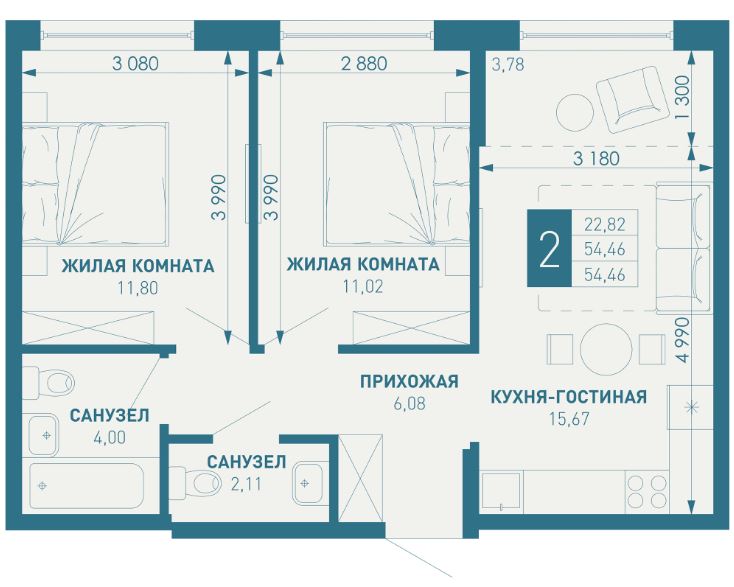 Двухкомнатная в Литер 1