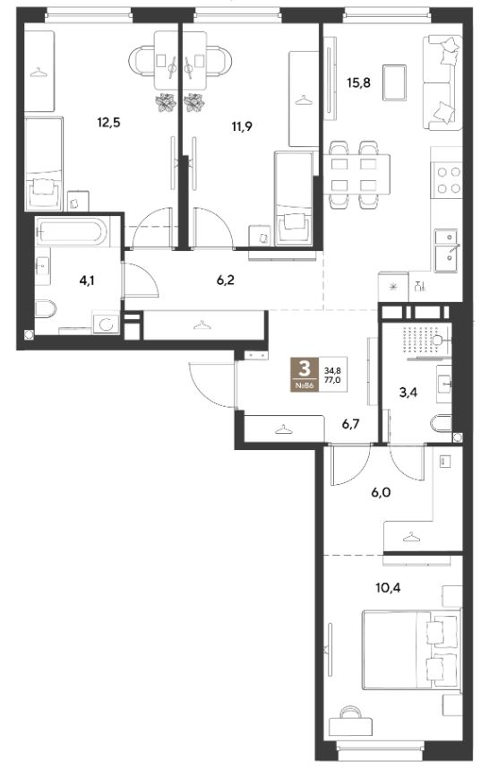 Трехкомнатная в Литер 14