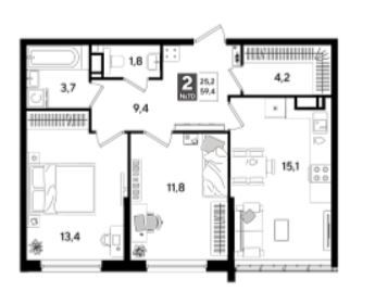 Двухкомнатная в Литер 22