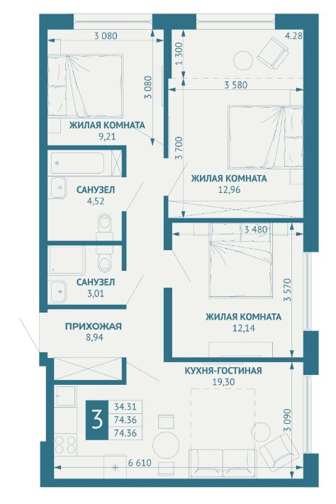 Трехкомнатная в Литер 1