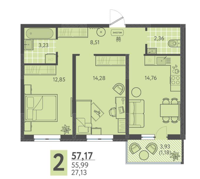 Двухкомнатная в Литер 4 очередь 2