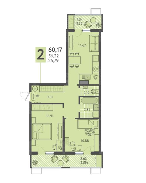 Двухкомнатная в Литер 8 очередь 3