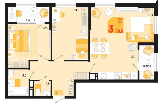 Трехкомнатная в Квартал 1.3 Литер 2