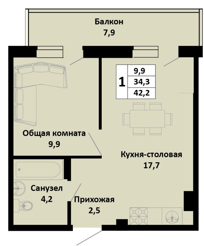 Однокомнатная в Литер 1