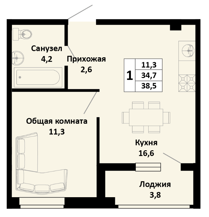 Однокомнатная в Литер 1