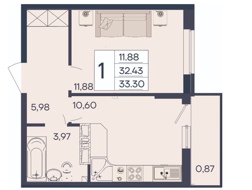 Однокомнатная в Литер 1.17