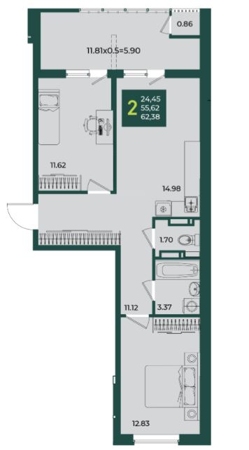 Двухкомнатная в Дом 6 очередь 3