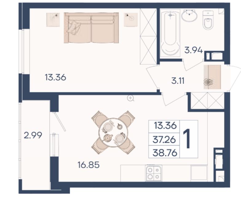 Однокомнатная в Литер 1.9