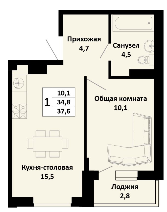 Однокомнатная в Литер 1