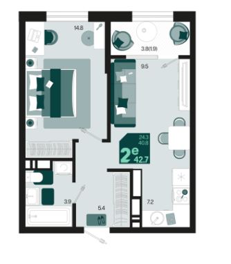 Двухкомнатная в Квартал 1.4 Литер 1