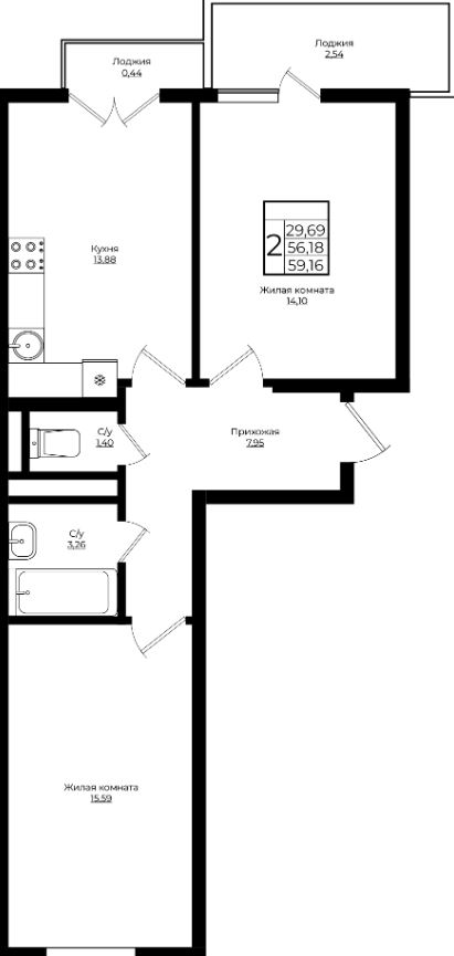 Двухкомнатная в Литер 1