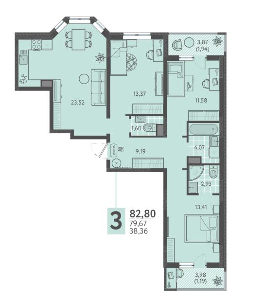 Трехкомнатная в Литер 9 очередь 3