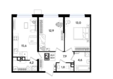 Двухкомнатная в Литер 13