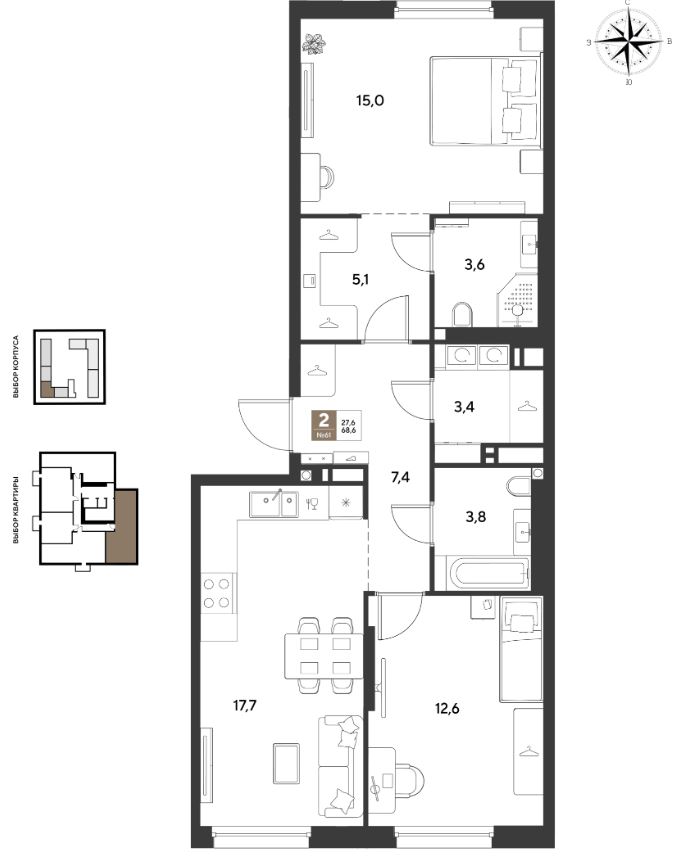 Двухкомнатная в Литер 14