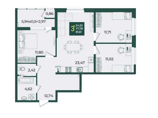 Трехкомнатная в Дом 4 очередь 2