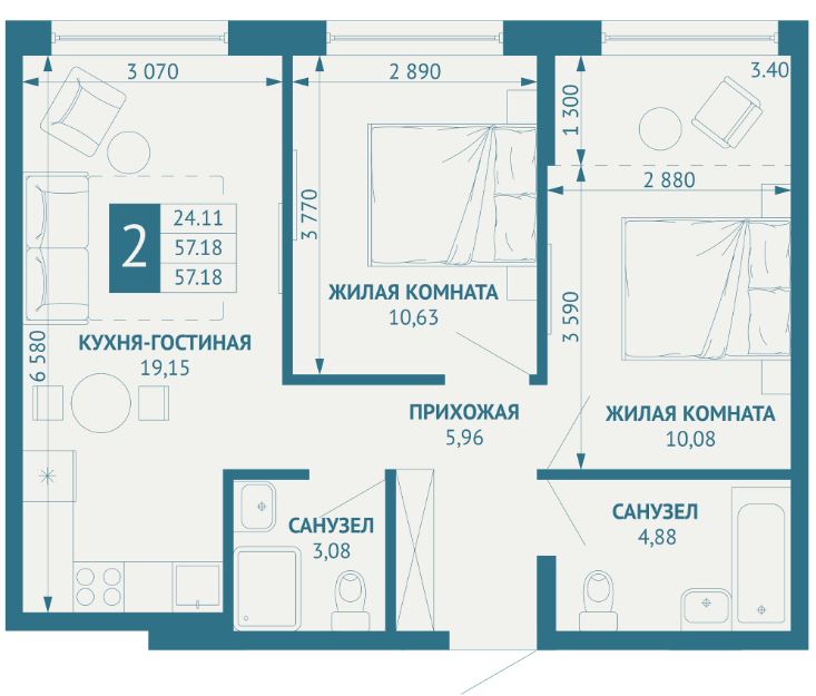 Двухкомнатная в Литер 1