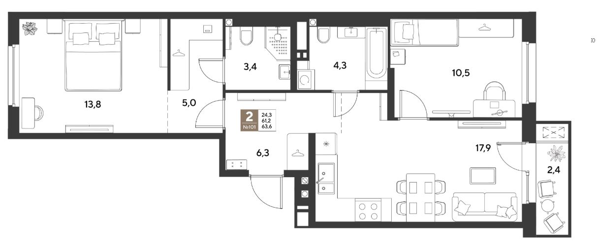 Двухкомнатная в Литер 15 очередь 1