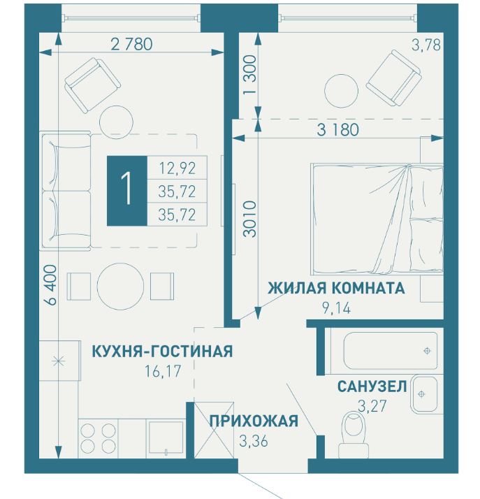 Однокомнатная в Литер 2