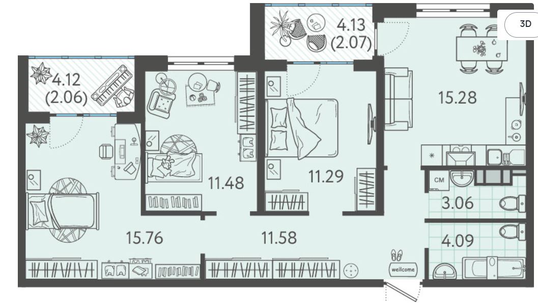 Трехкомнатная в Литер 2