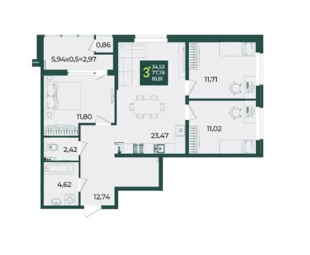 Трехкомнатная в Дом 3 очередь 2