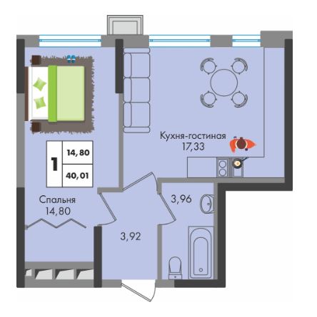 Однокомнатная в Литер 1.2