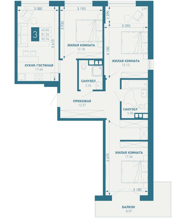 Трехкомнатная в Литер 1