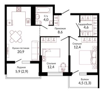 Двухкомнатная в Литер 2.2 очередь 1