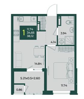 Однокомнатная в Дом 6 очередь 3