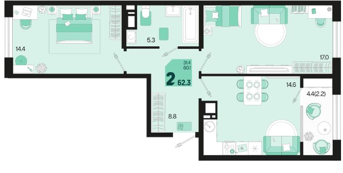 Двухкомнатная в Квартал 1.10 Литер 1