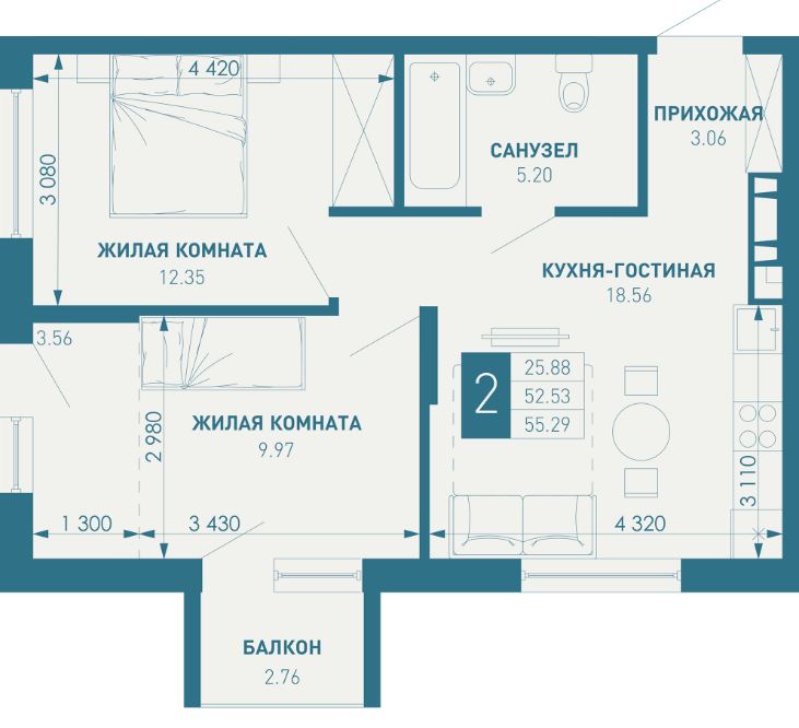 Двухкомнатная в Литер 3