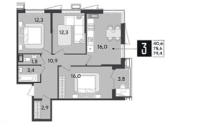 Трехкомнатная в Литер 16