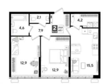 Двухкомнатная в Литер 15