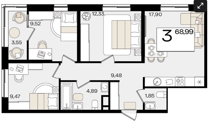 Трехкомнатная в Литер 1.4