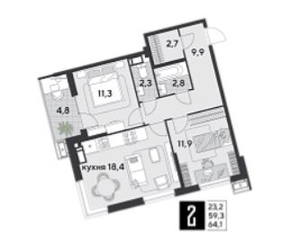 Двухкомнатная в Литер 15