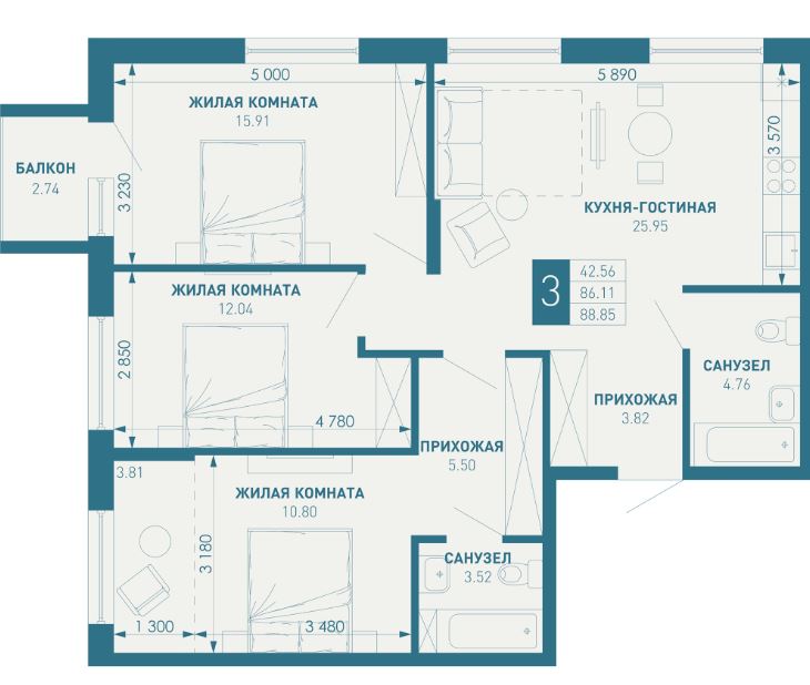 Трехкомнатная в Литер 3