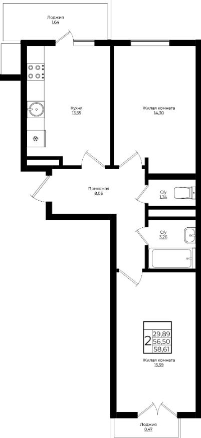 Двухкомнатная в Литер 3