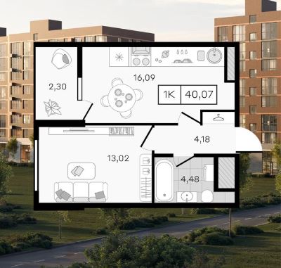 Однокомнатная в Литер 34