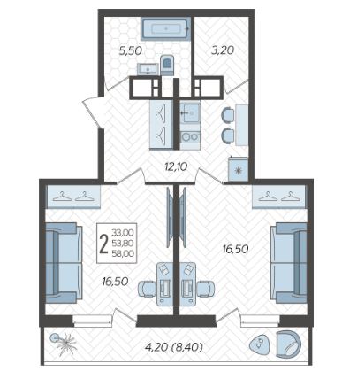 Двухкомнатная в Литер 6