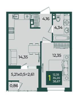 Однокомнатная в Дом 10 очередь 3