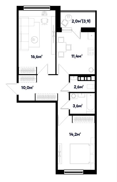 Двухкомнатная в Литер 2.2