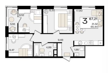 Трехкомнатная в Литер 1.4