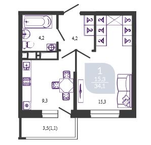 Однокомнатная в Литер 2 Очередь 1