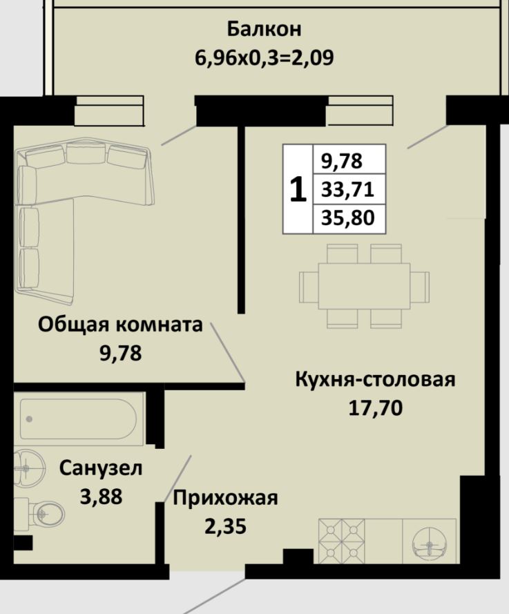 Однокомнатная в Литер 1