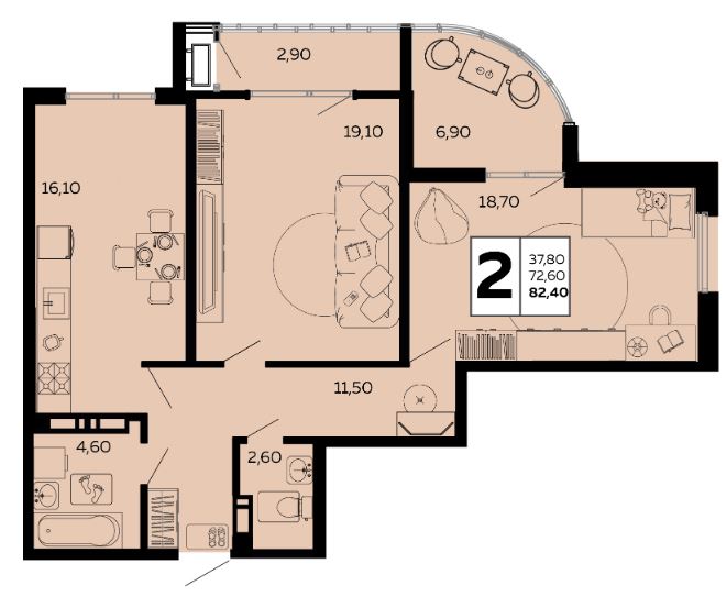 Двухкомнатная в Литер 1