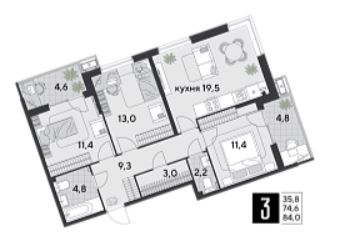 Трехкомнатная в Литер 29