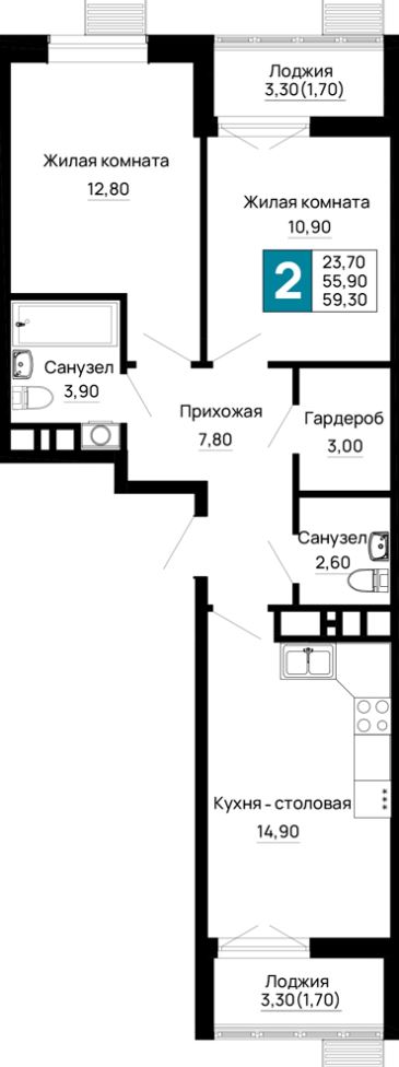 Двухкомнатная в Очередь 2 Литер 6